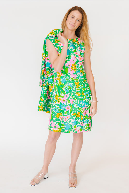1960s Electric Green Floral Silk Cocktail Dress
