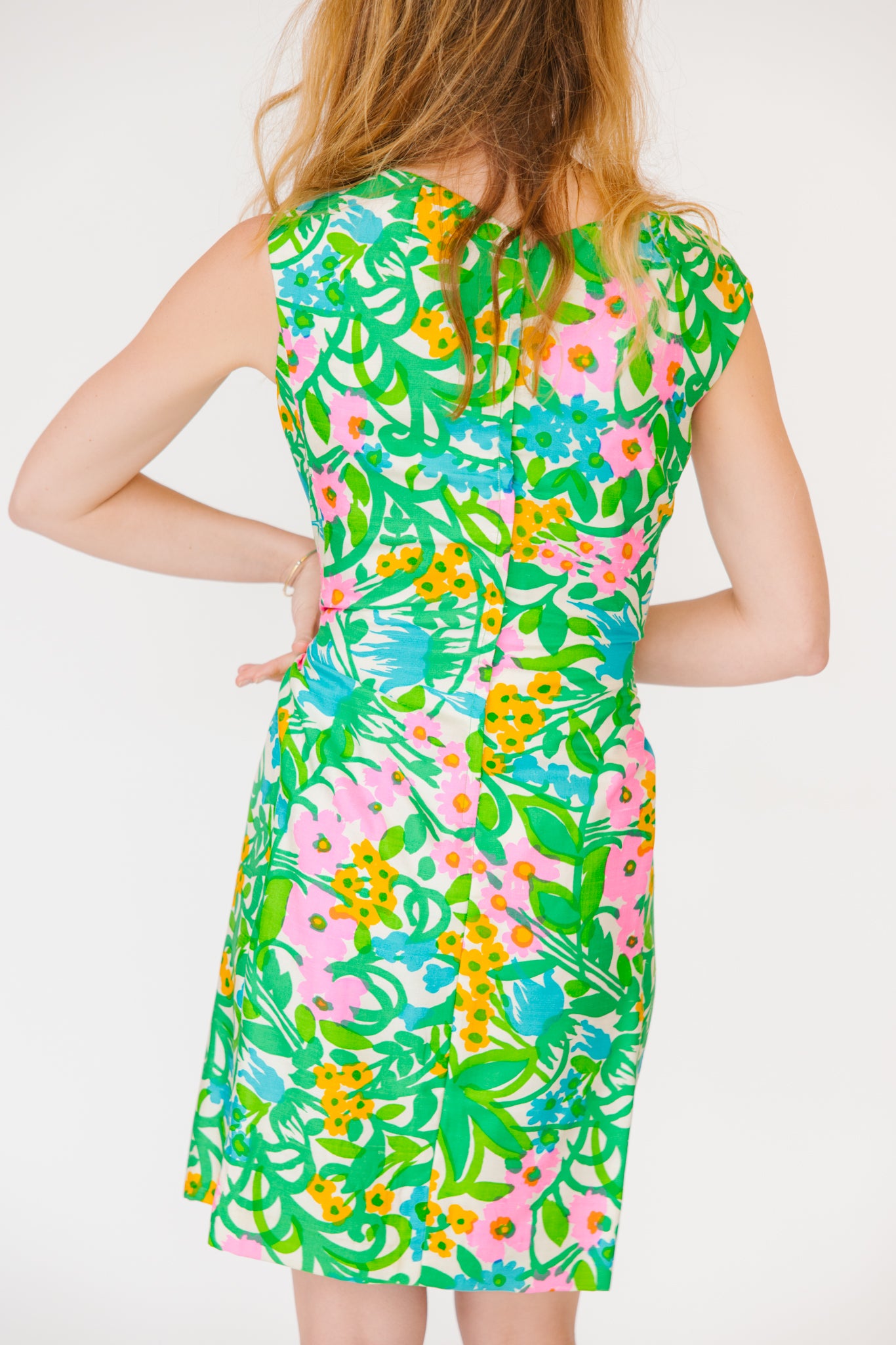 1960s Electric Green Floral Silk Cocktail Dress