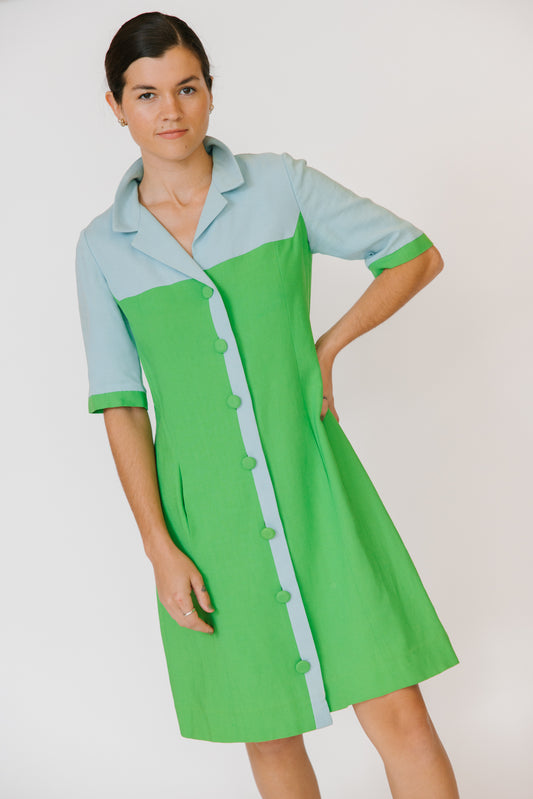 1960s Blue & Green Colorblock Linen Day Dress