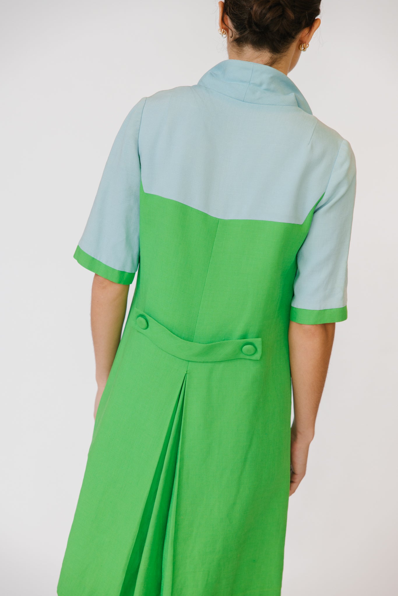1960s Blue & Green Colorblock Linen Day Dress