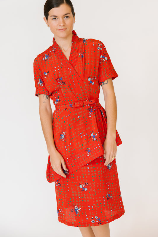 1940s Red Floral Kimono Peplum Silk Dress