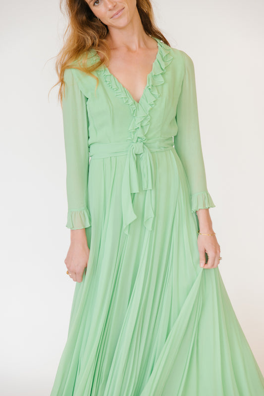 1970s Clifton Wilhite Seafoam Green Silk Gown
