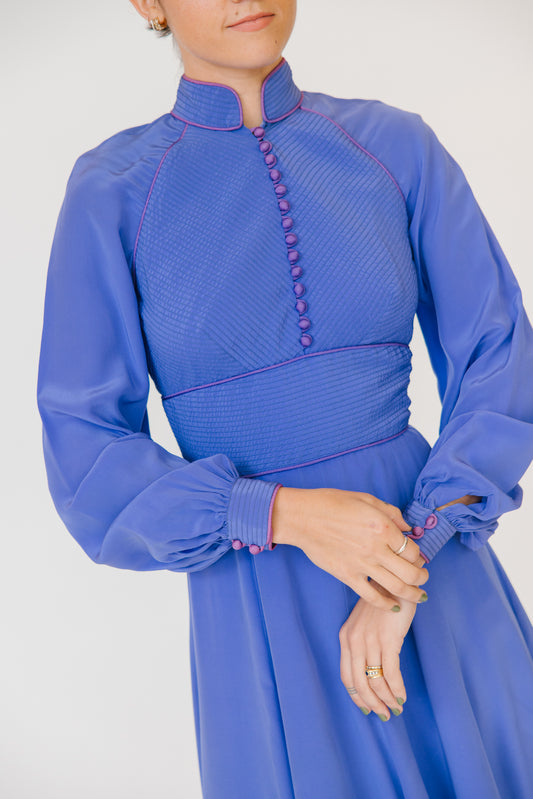 1970s Regamus London Periwinkle Silk Party Dress