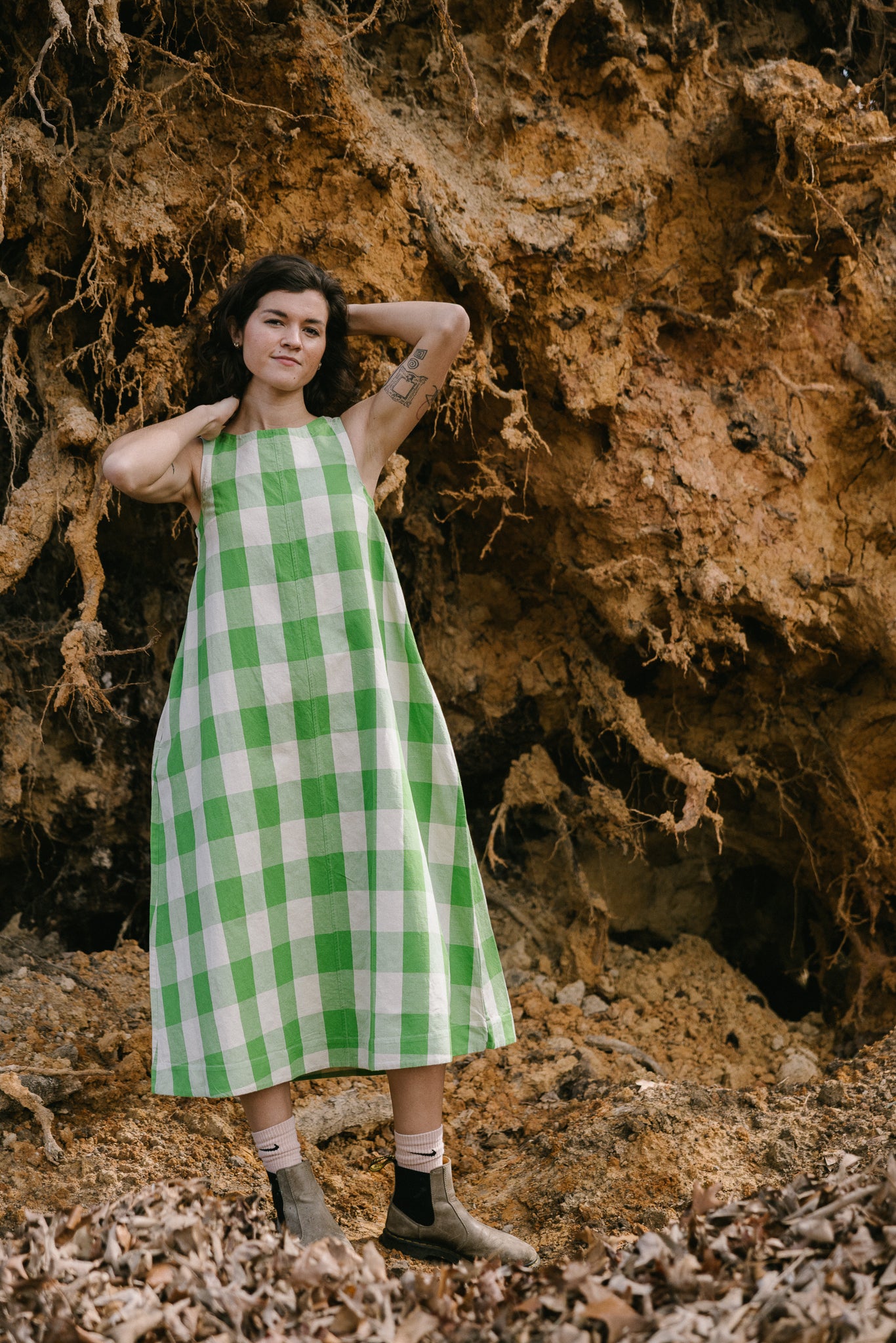 TOAST Gingham Cotton Linen Dress - Lawn Green/Pulp