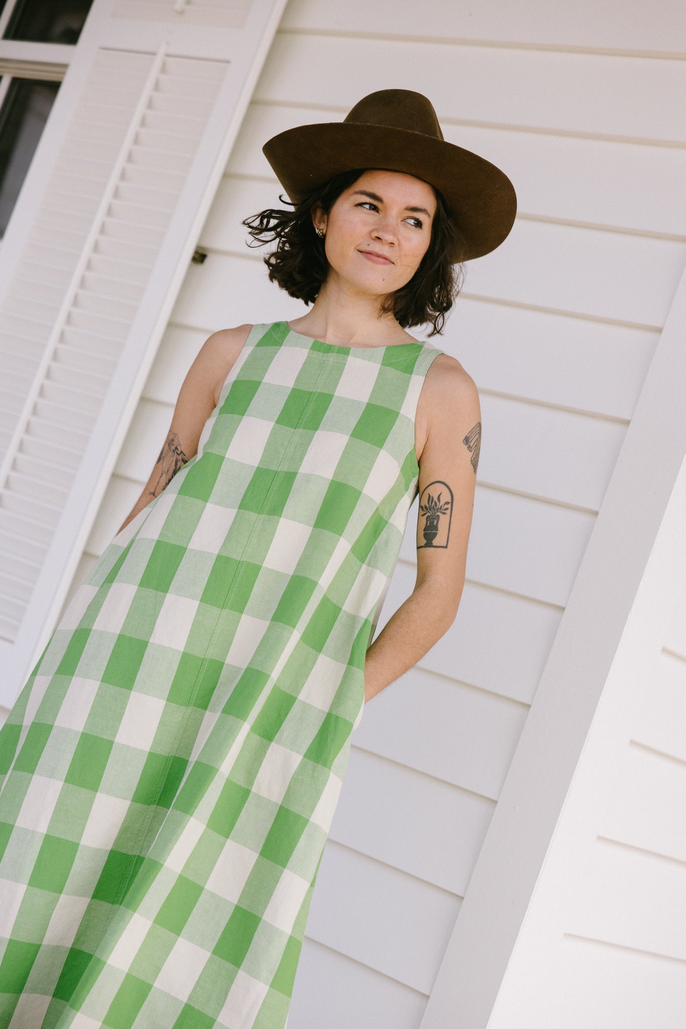 TOAST Gingham Cotton Linen Dress - Lawn Green/Pulp