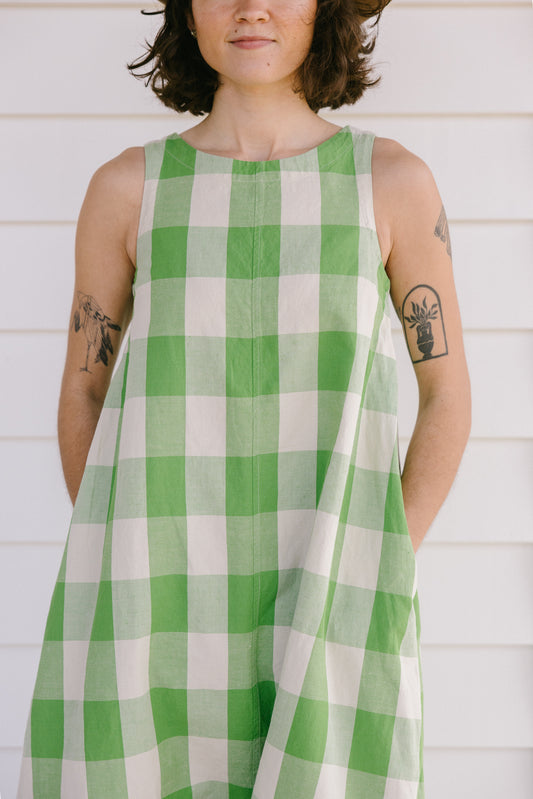 TOAST Gingham Cotton Linen Dress - Lawn Green/Pulp