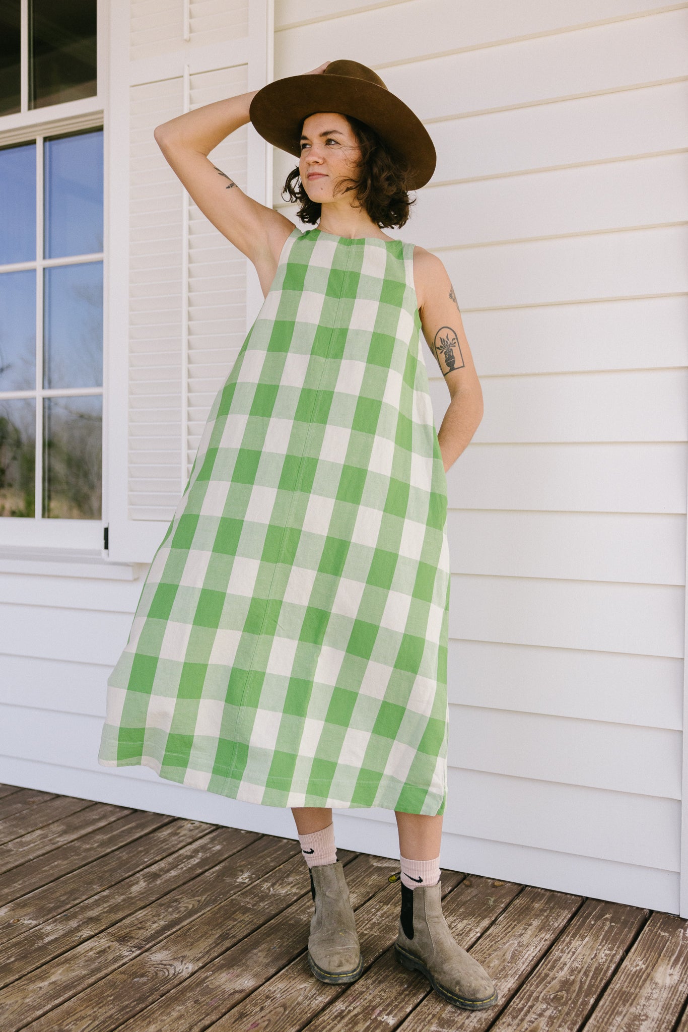 TOAST Gingham Cotton Linen Dress - Lawn Green/Pulp