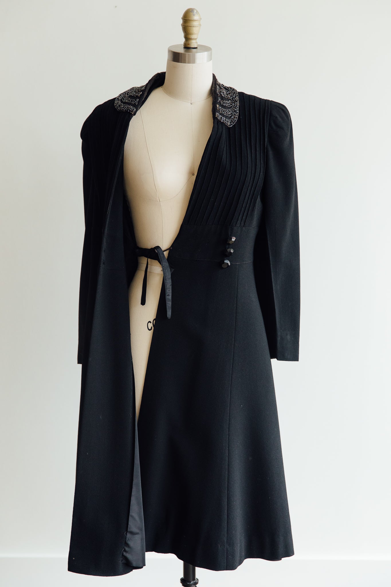 Hand-Beaded Black Embellished Collar Wrap Coat