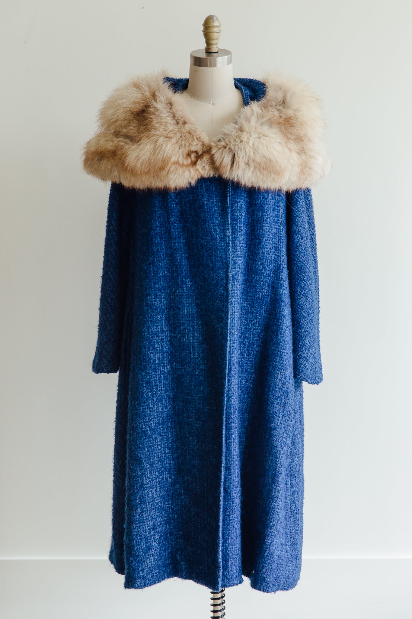 A. Lewis Blue Tweed and Fox Fur Collar Coat