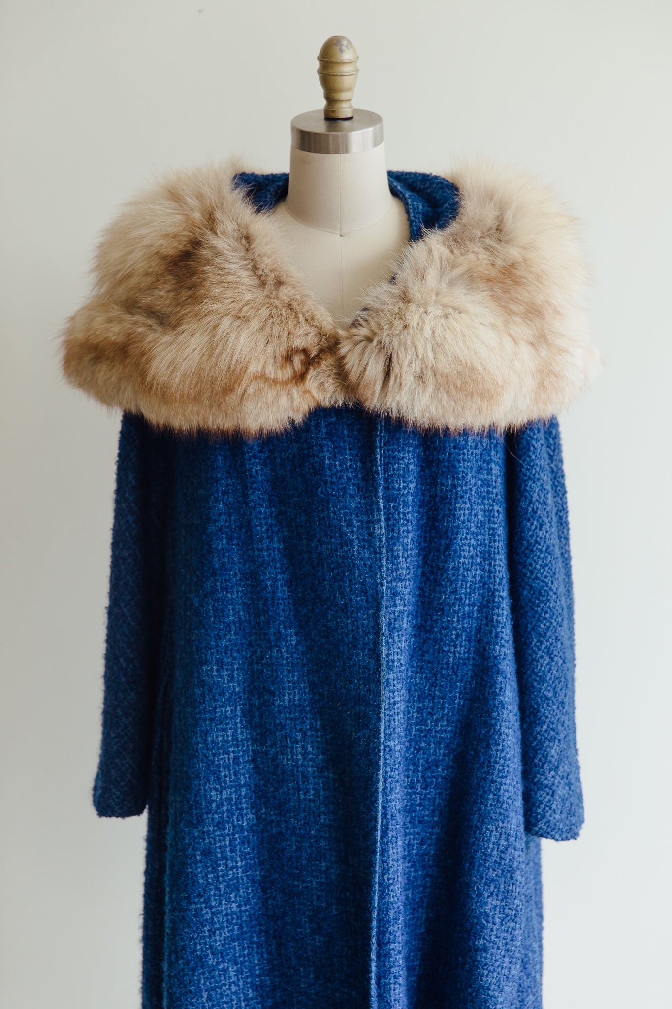 A. Lewis Blue Tweed and Fox Fur Collar Coat