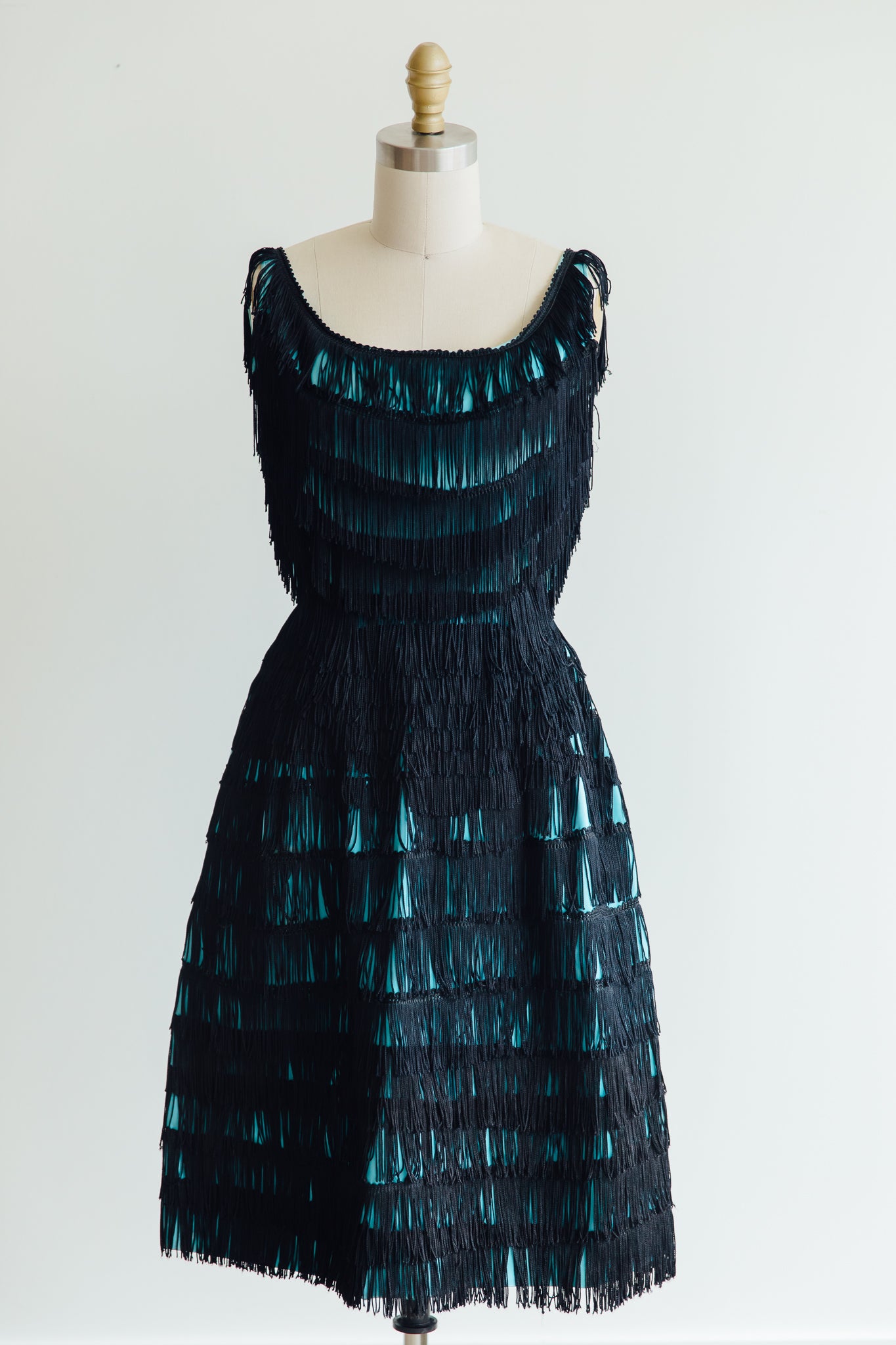 Teal with Black Fringe Overlay Dress