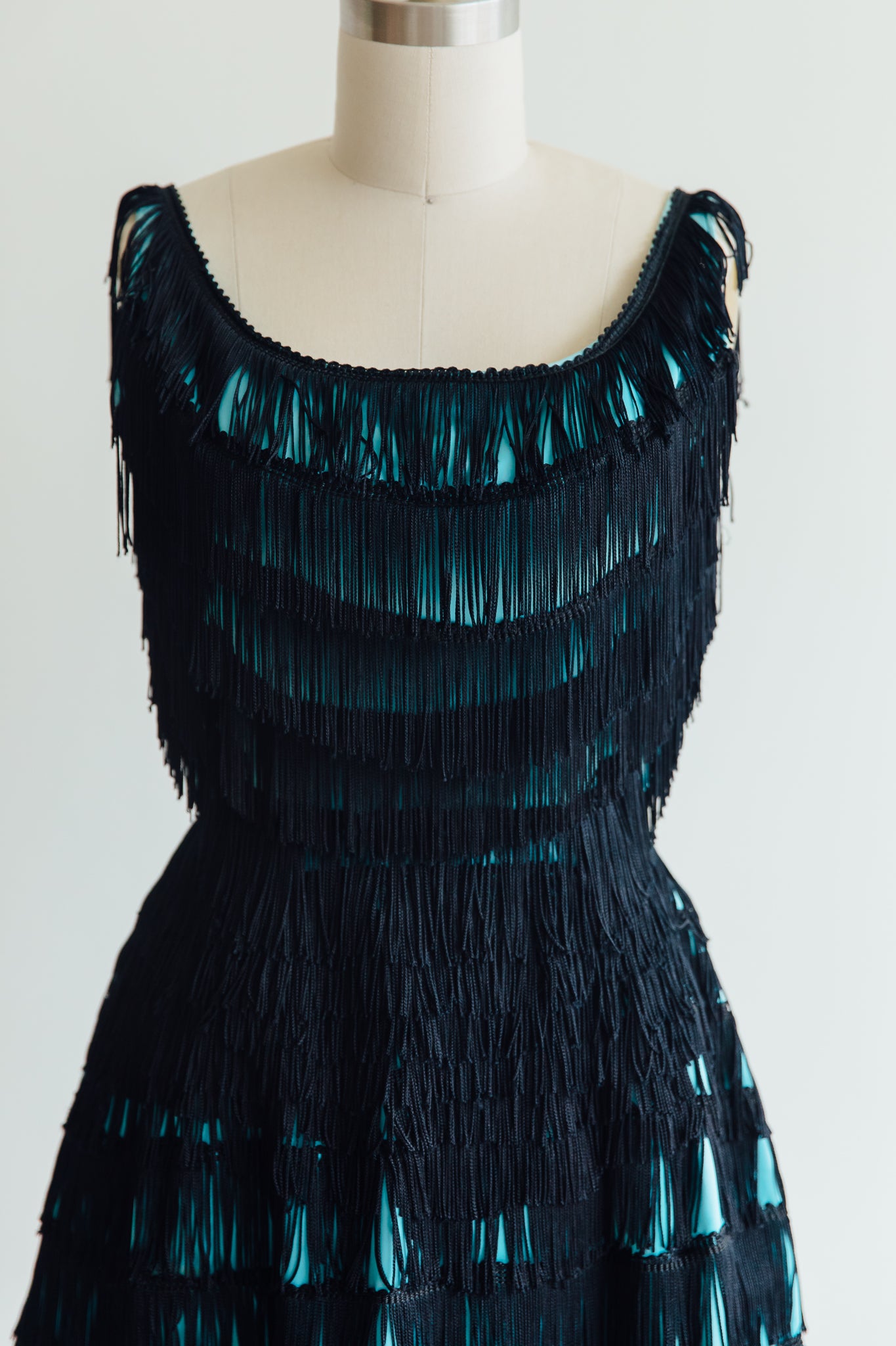 Teal with Black Fringe Overlay Dress