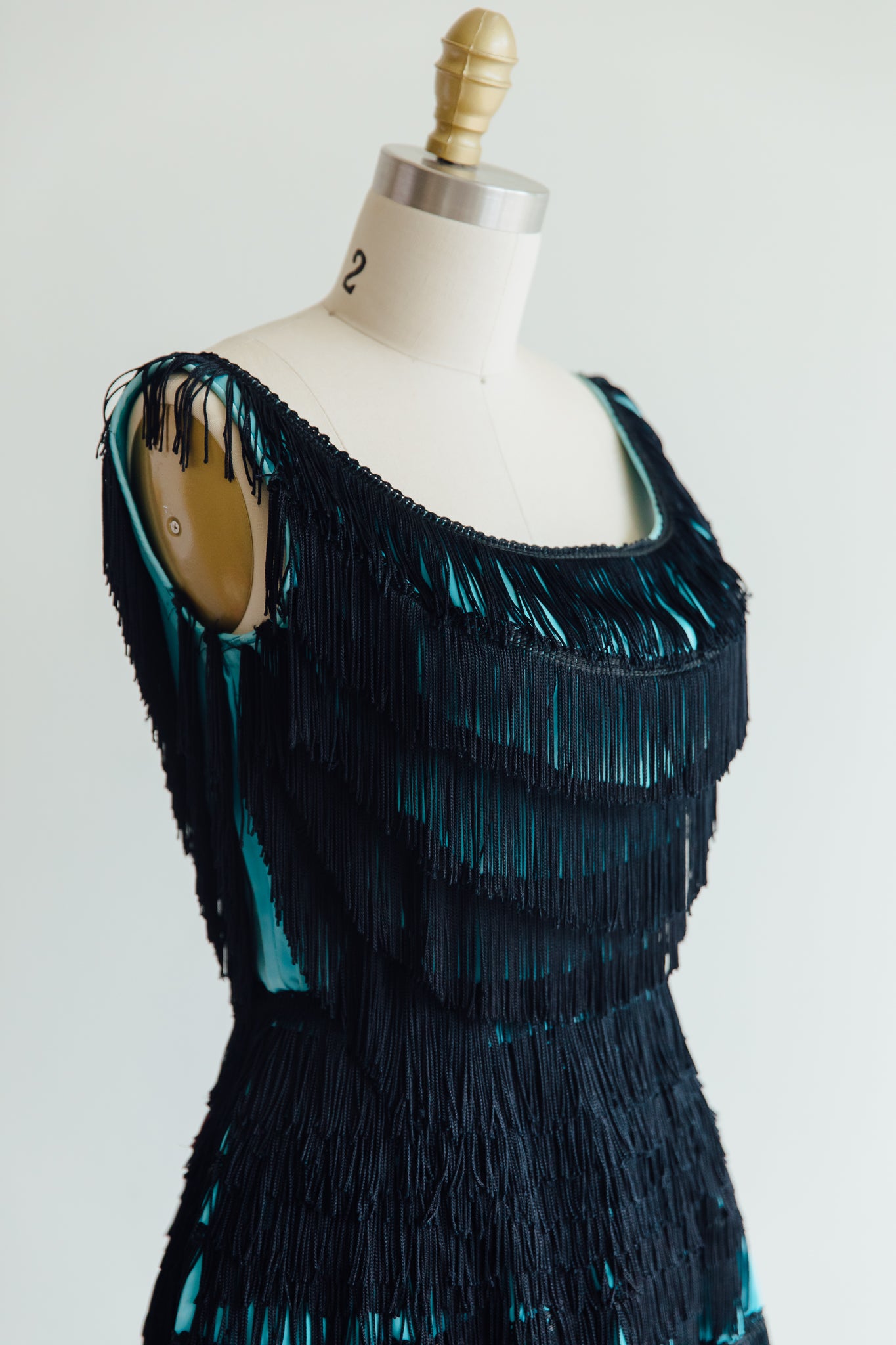 Teal with Black Fringe Overlay Dress