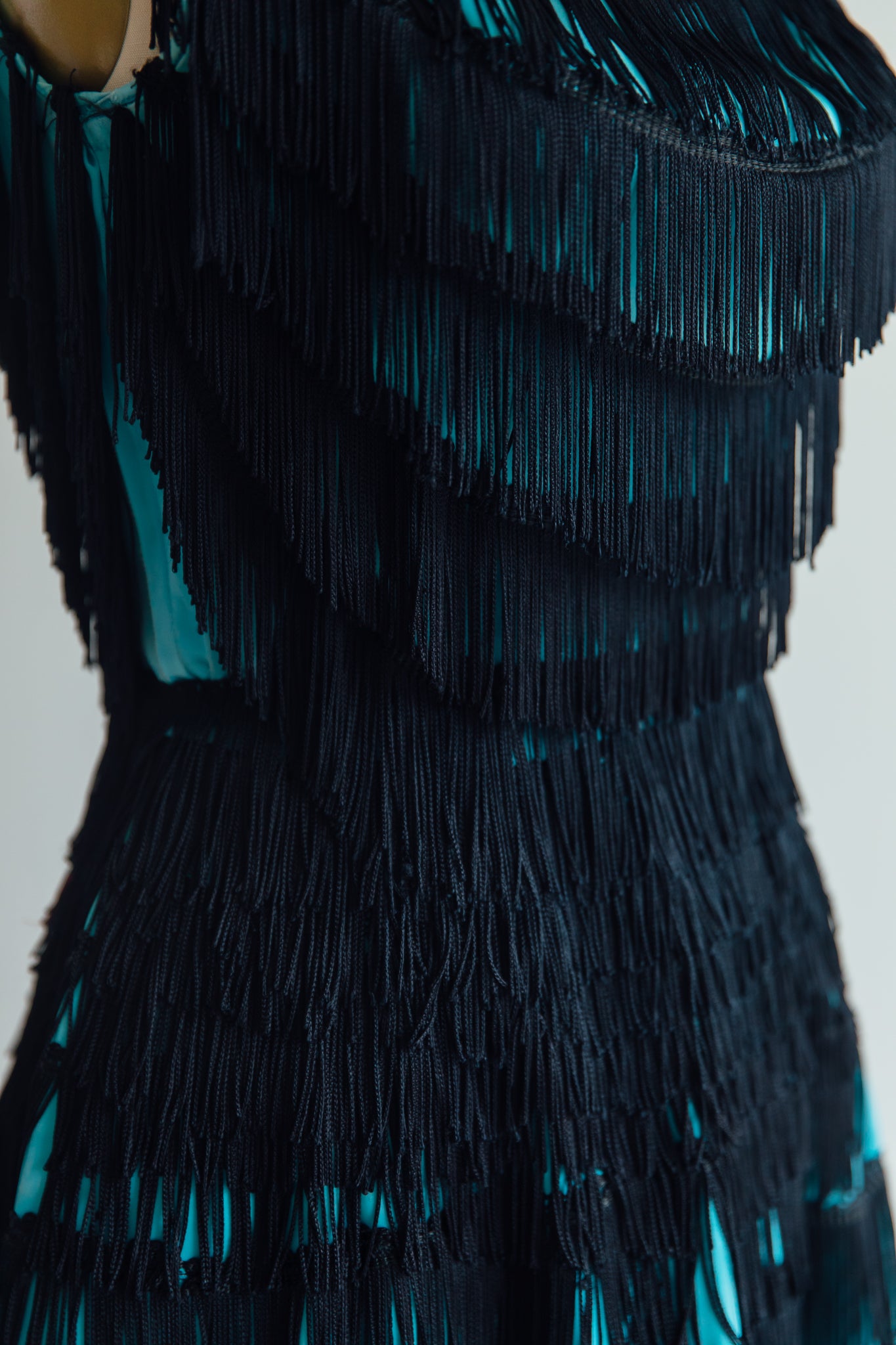 Teal with Black Fringe Overlay Dress