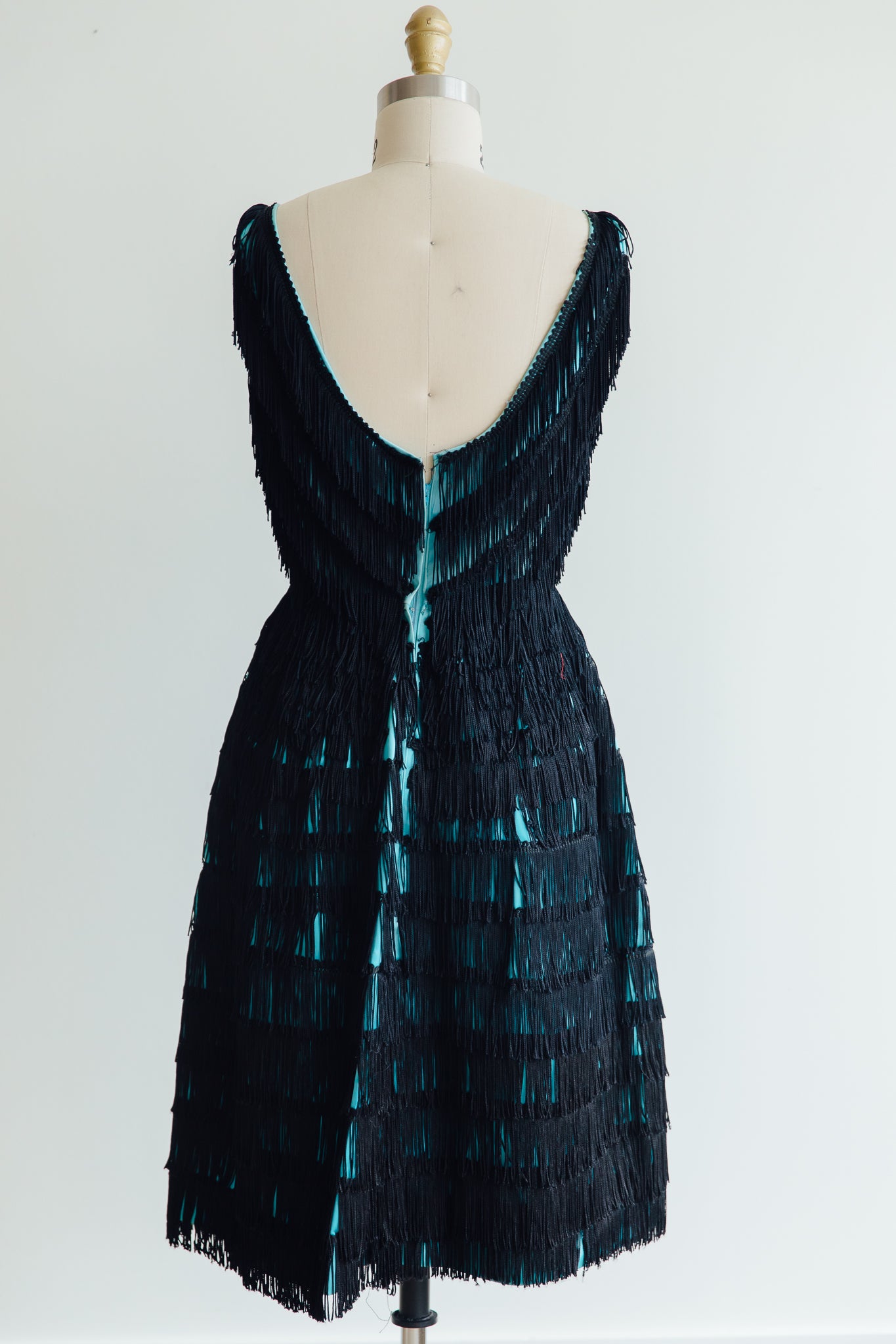 Teal with Black Fringe Overlay Dress