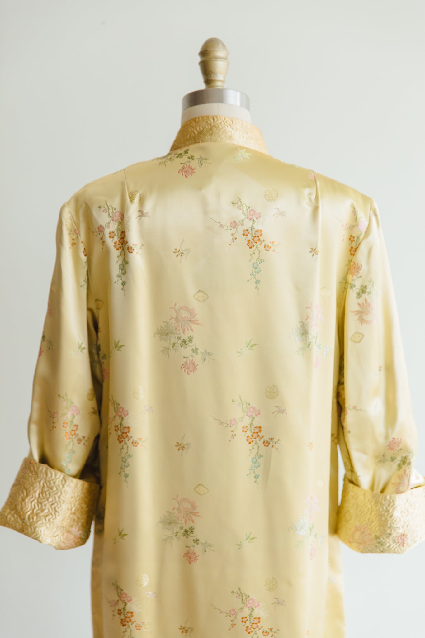 Cheongsam-Style Yellow Silk Brocade Duster