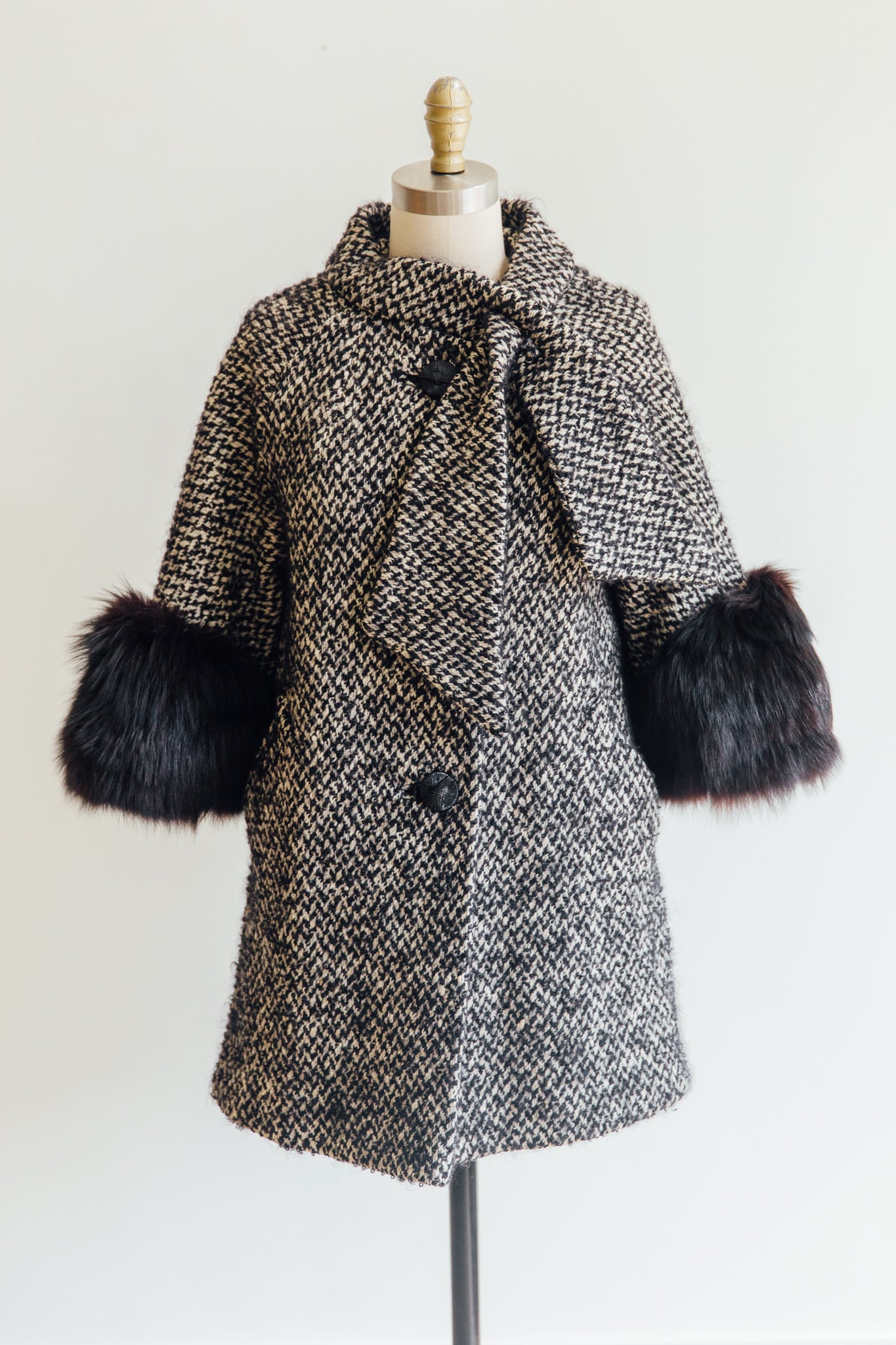 Black Fur and Tweed Neck Tie Coat