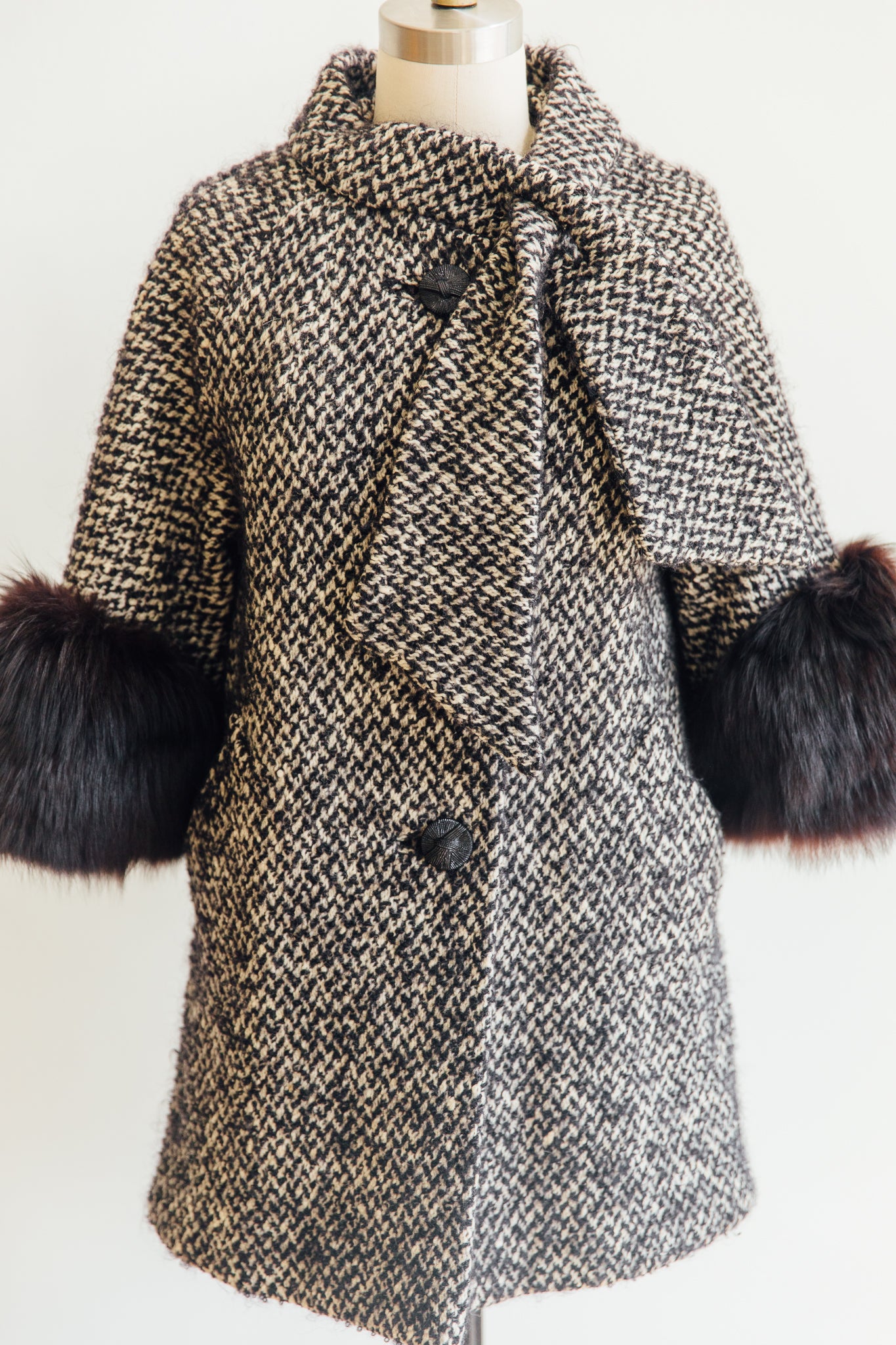 Black Fur and Tweed Neck Tie Coat