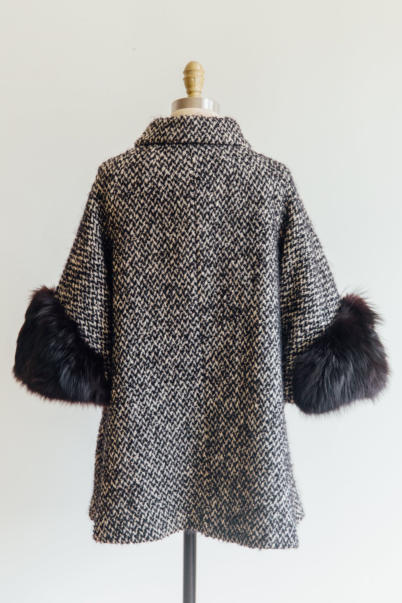 Black Fur and Tweed Neck Tie Coat