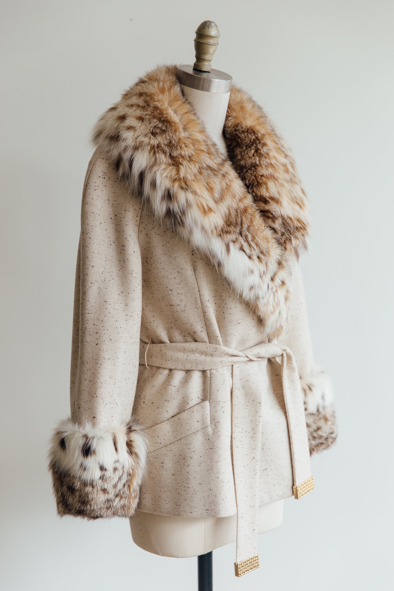 Saks Fifth Avenue Cream Fur and Tweed Belted Coat