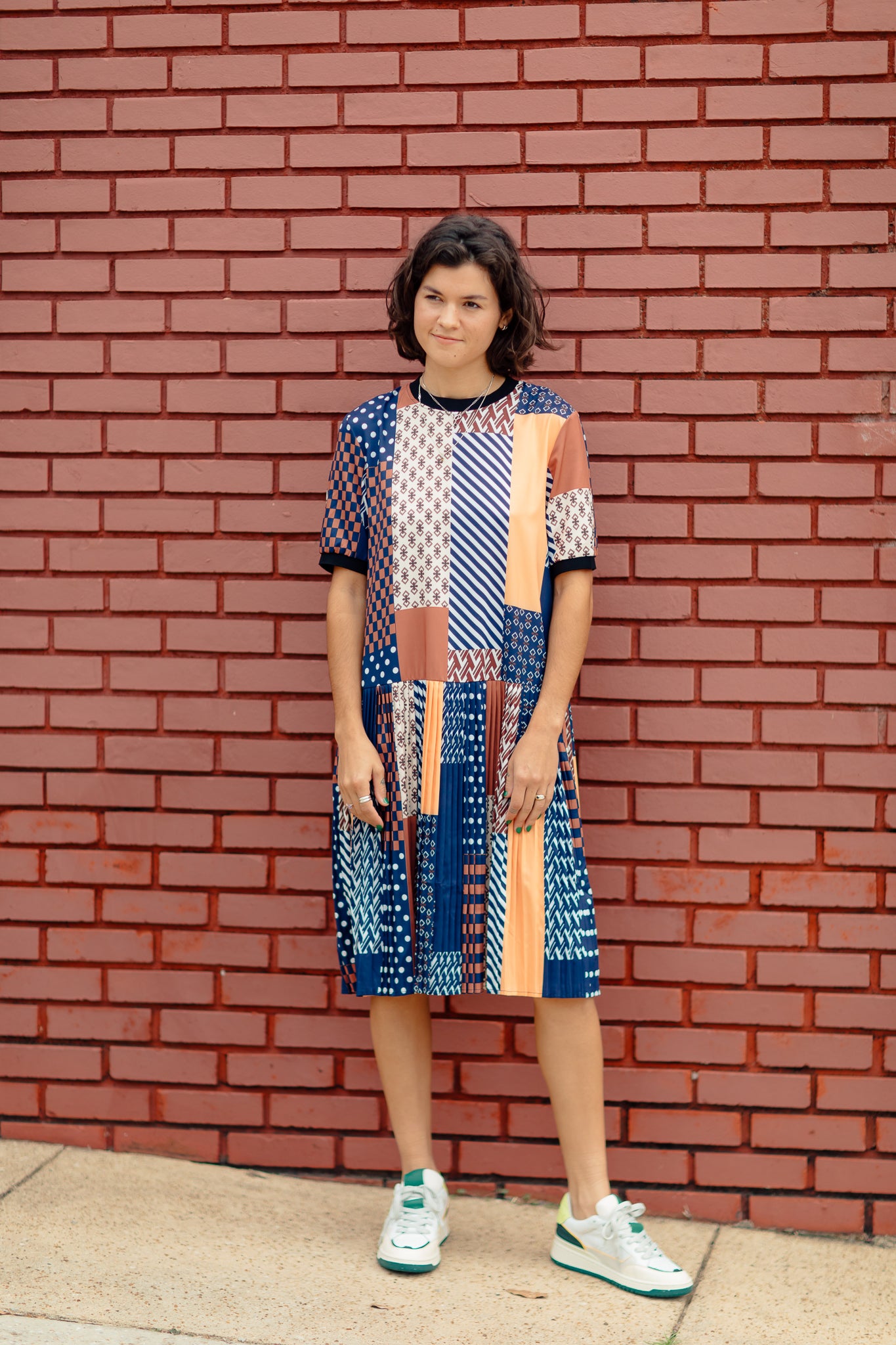 Navy and Orange Patchwork Drop-Waist Pleated Dress