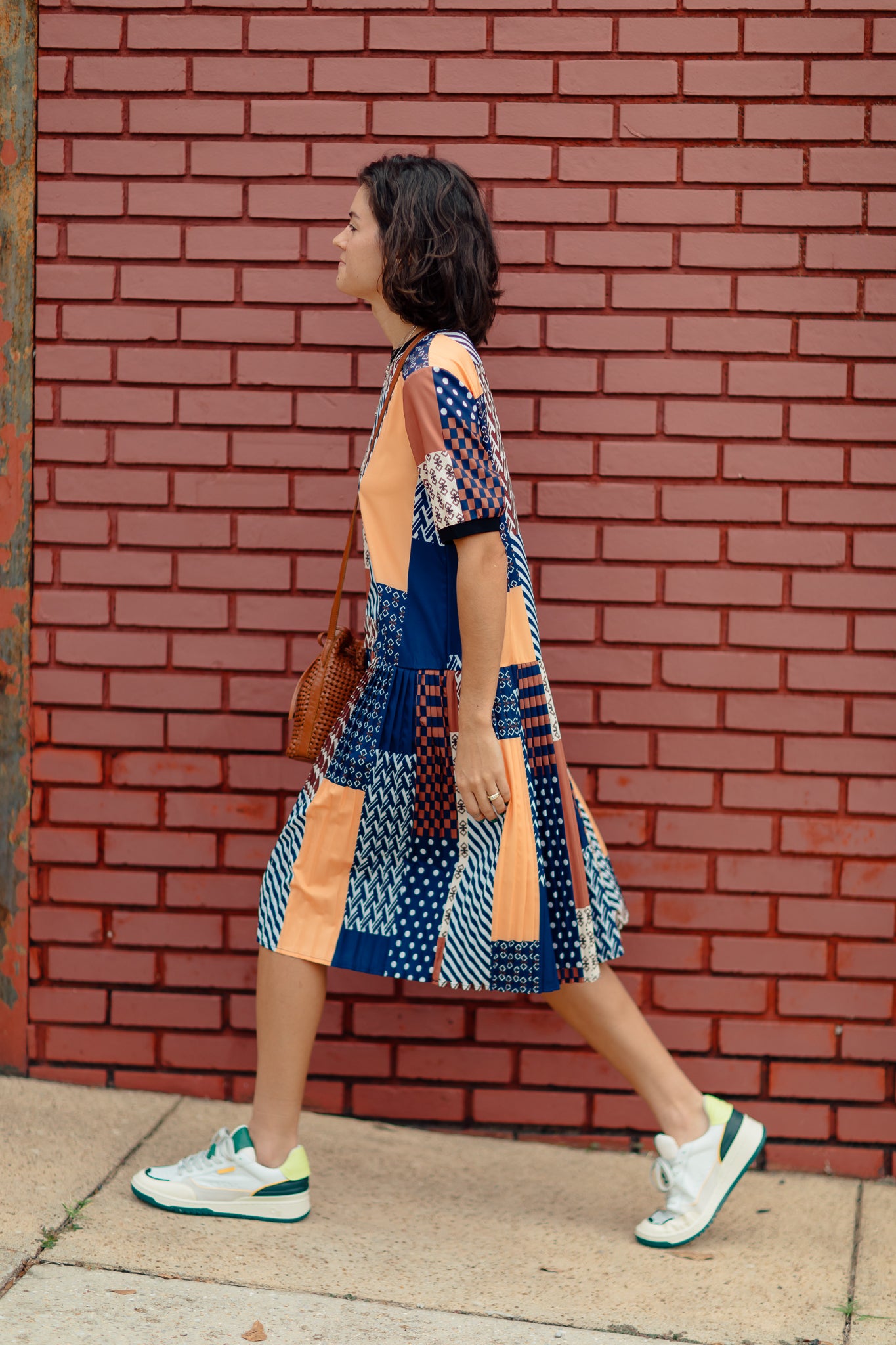 Navy and Orange Patchwork Drop-Waist Pleated Dress
