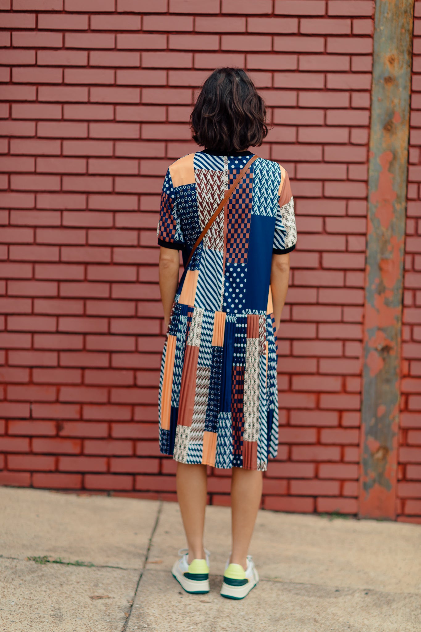 Navy and Orange Patchwork Drop-Waist Pleated Dress