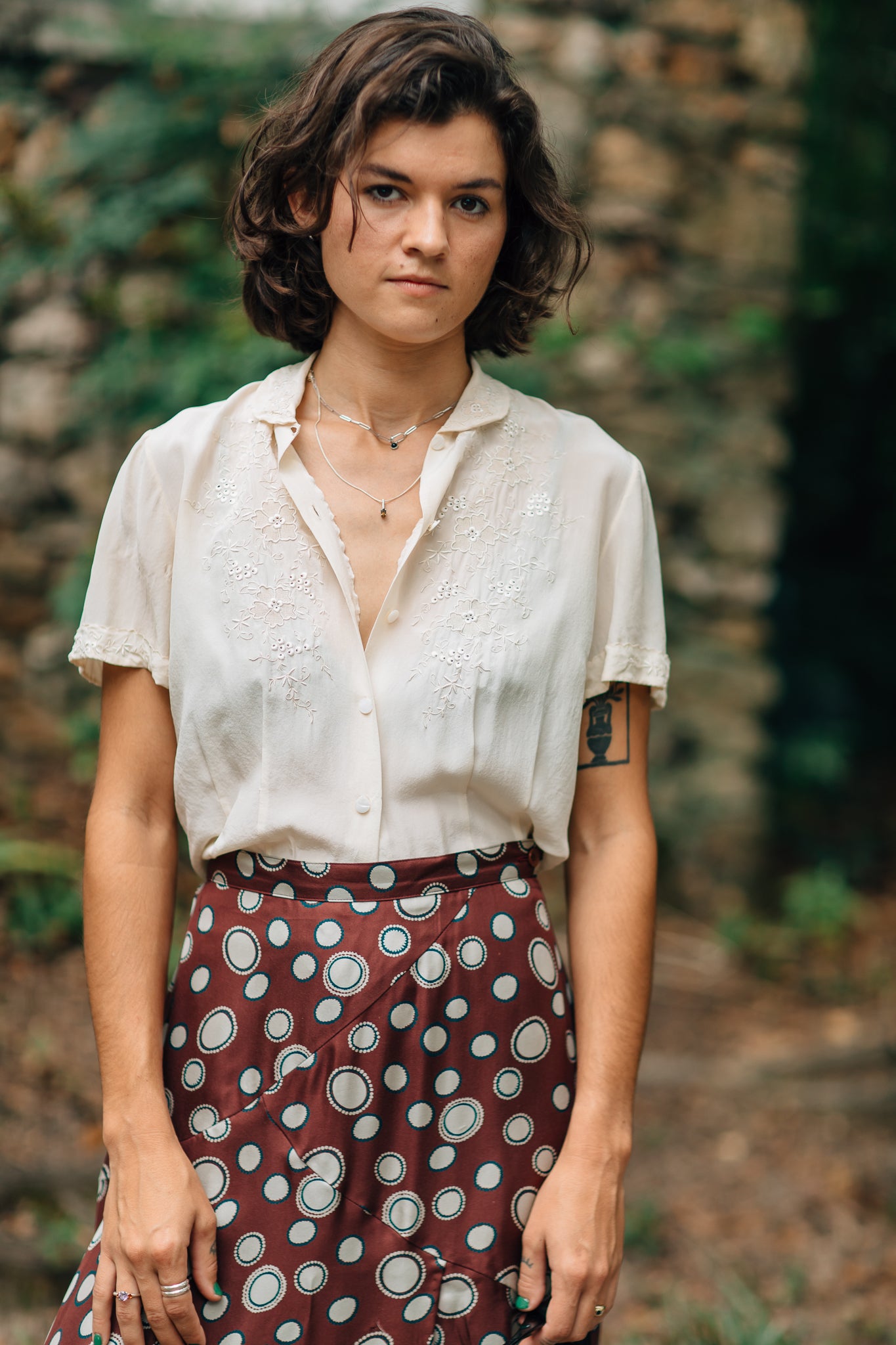 Cream Embroidered Short-Sleeve Button down