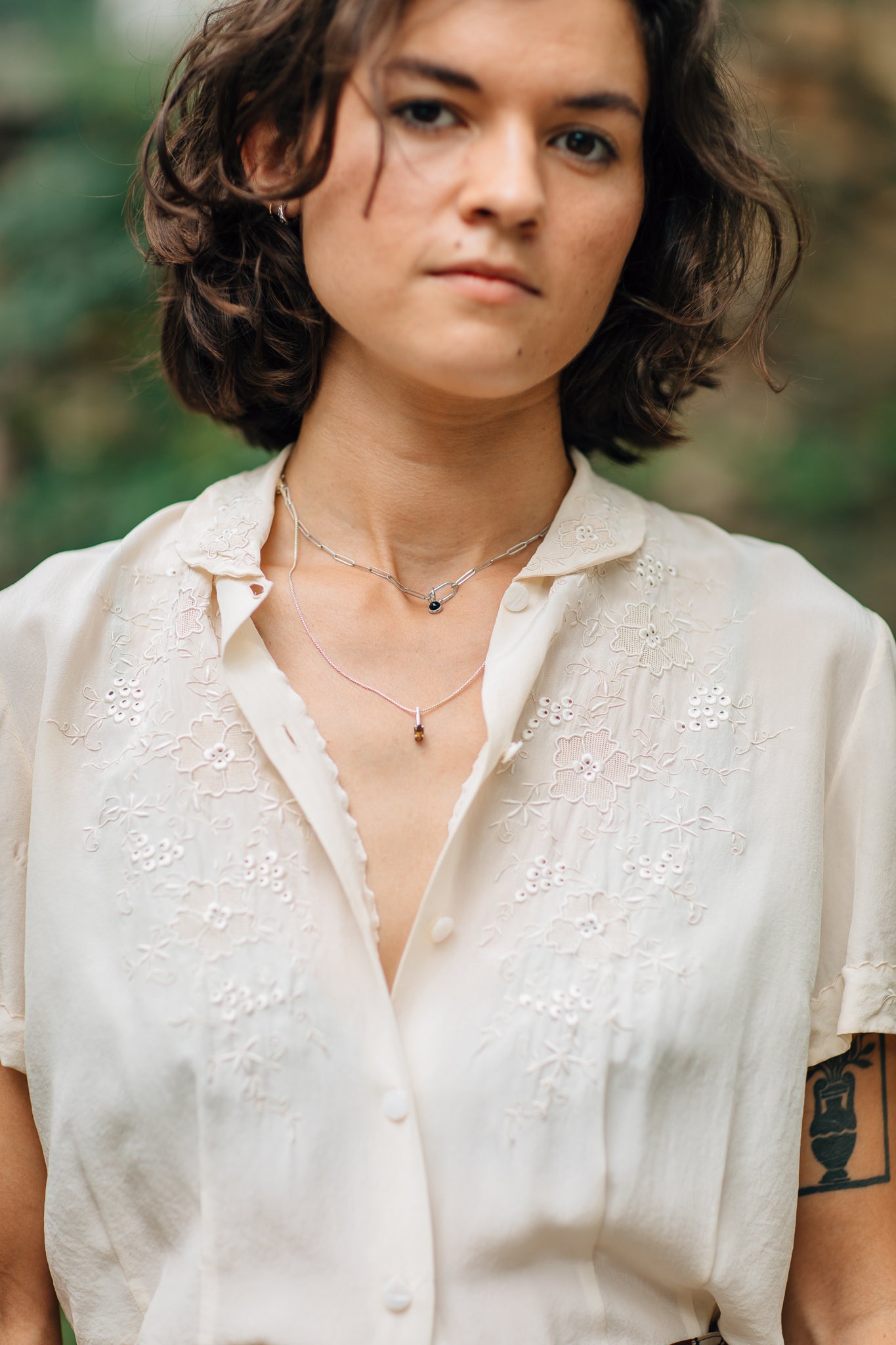 Cream Embroidered Short-Sleeve Button down