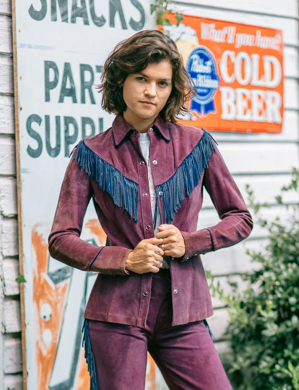 Purple Suede Fringe Button Down