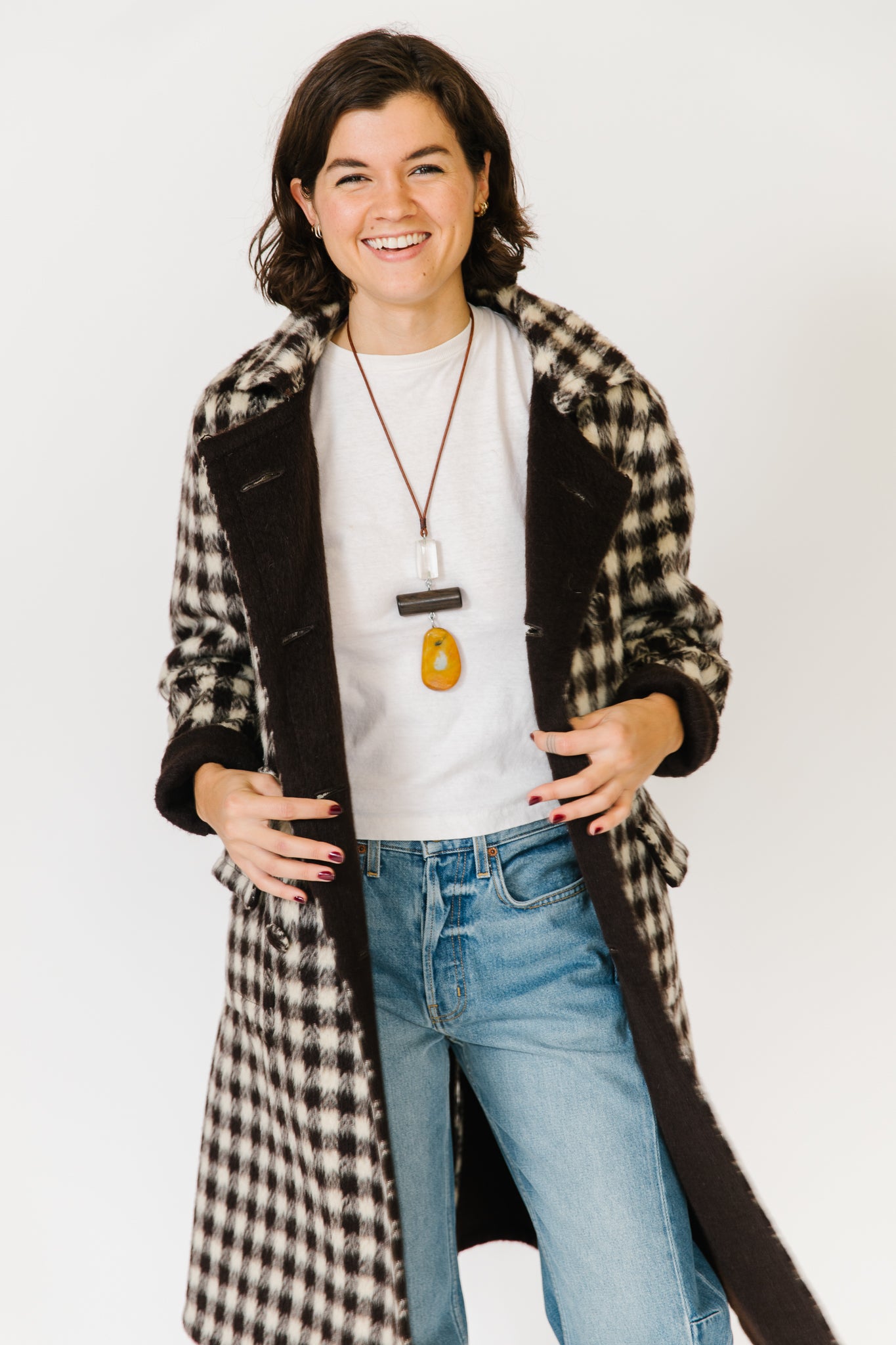 Brown and Cream Check Reversible Mohair Coat