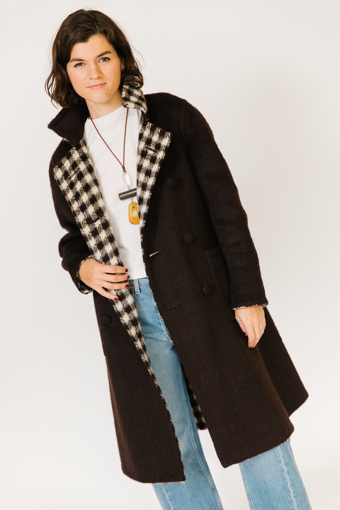 Brown and Cream Check Reversible Mohair Coat