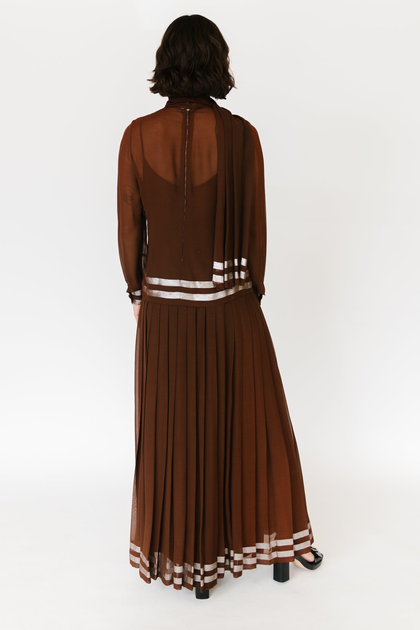 Chocolate Silk and Silver Lamé Pleated Gown