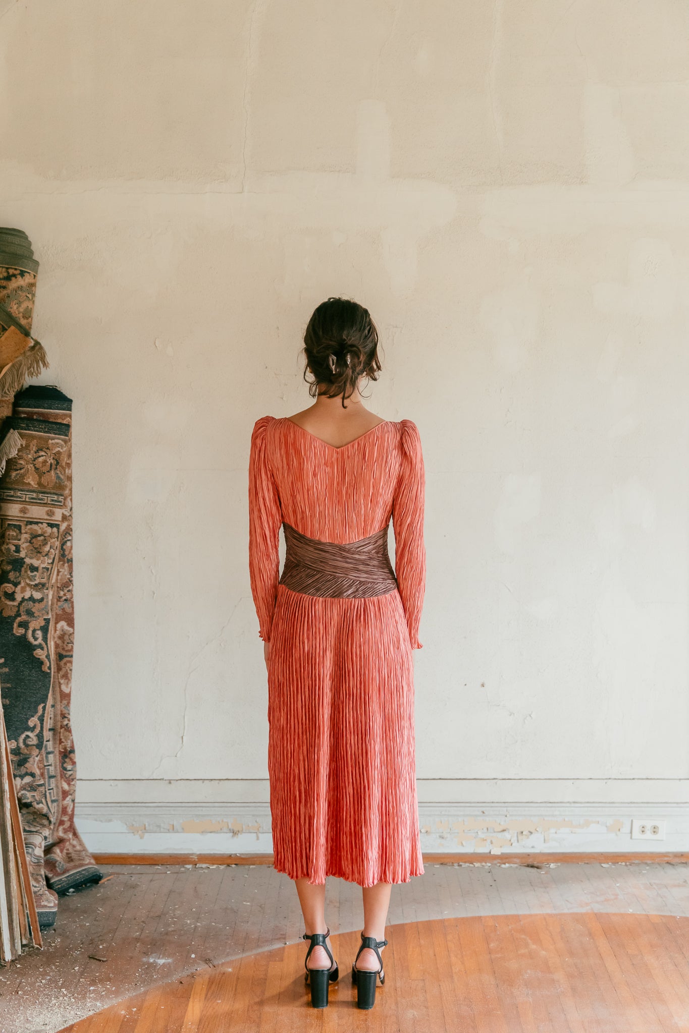 Mary McFadden Salmon and Mauve Quarter-Sleeve Dress