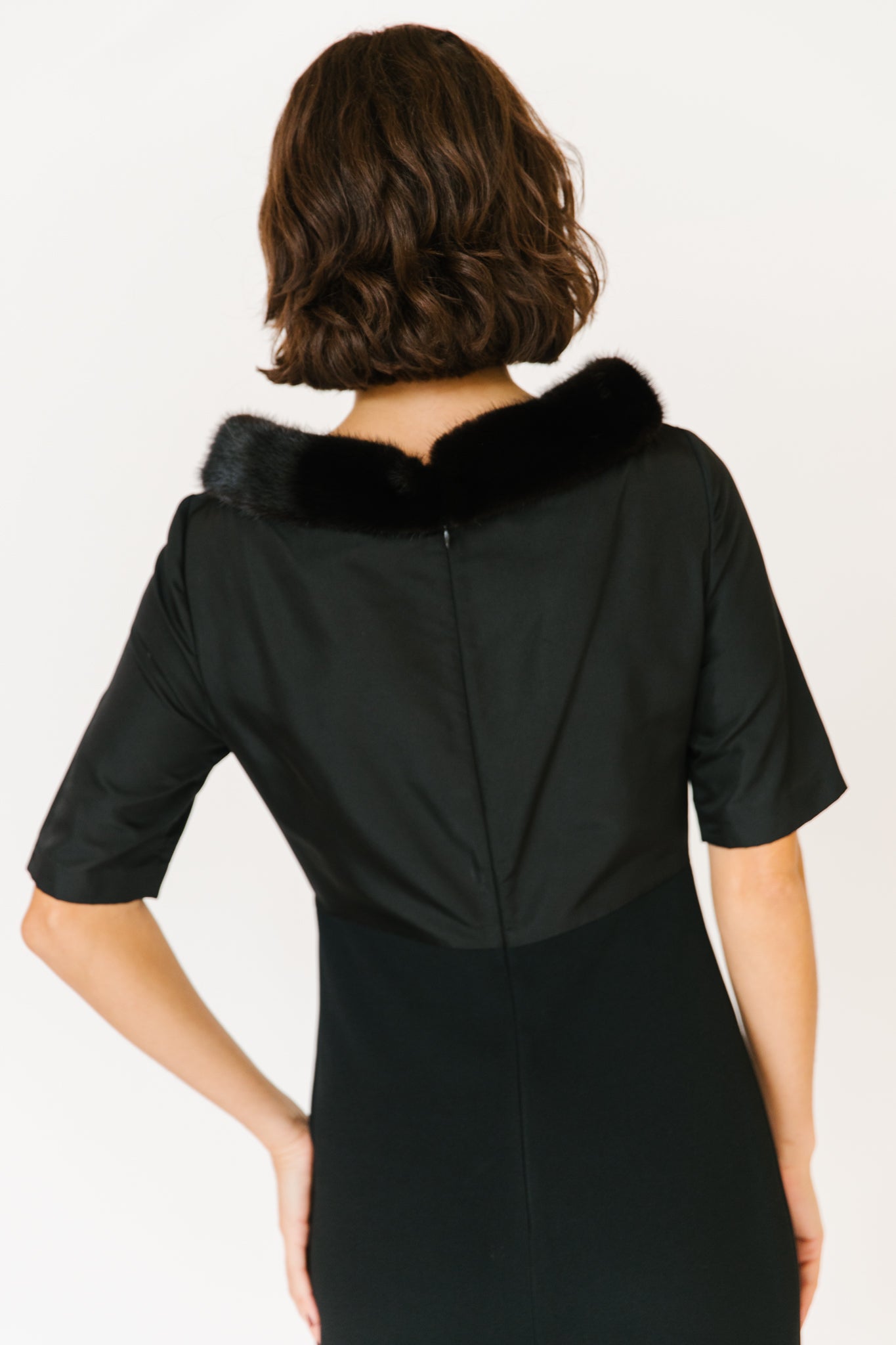 Black Mink Trimmed Silk Boat-Neck Gown