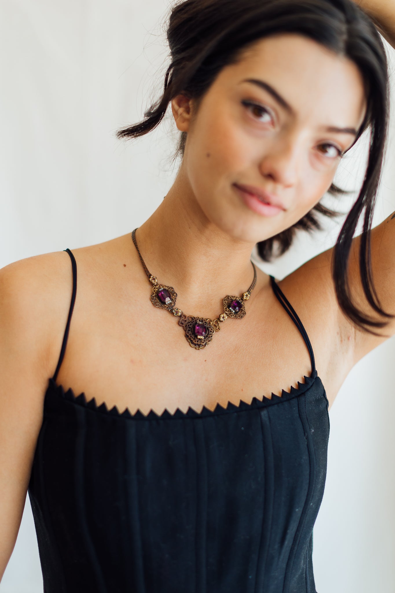 Triple Amethyst and Pearl Flowers Vintage Necklace