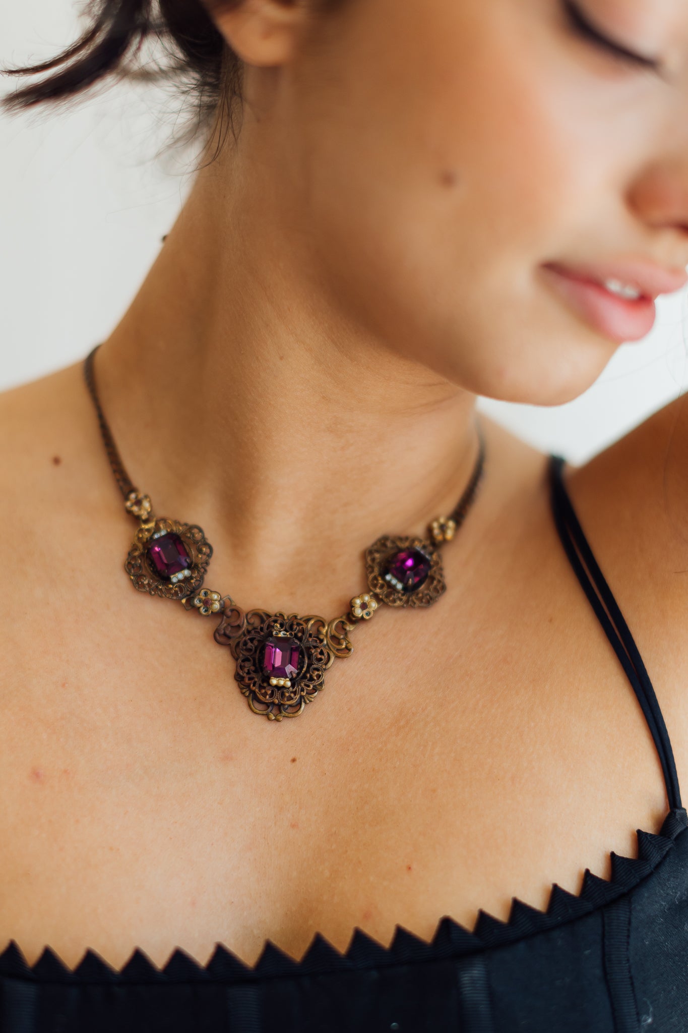 Triple Amethyst and Pearl Flowers Vintage Necklace