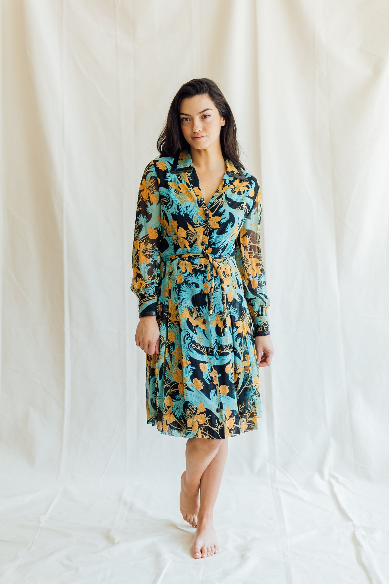 Blue and Black Floral Button Down Dress