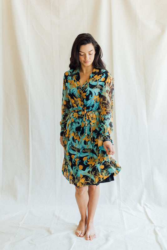 Blue and Black Floral Button Down Dress
