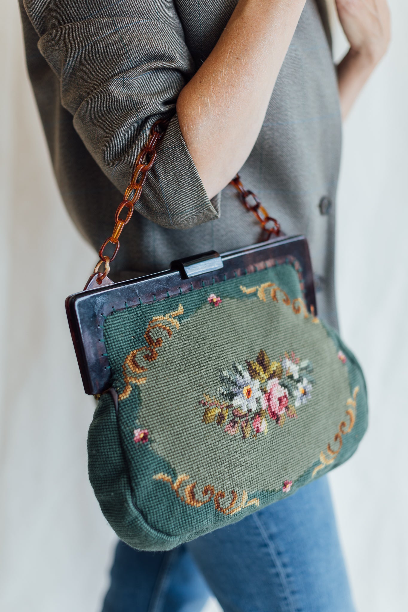 Green Needlepoint Shoulder Bag