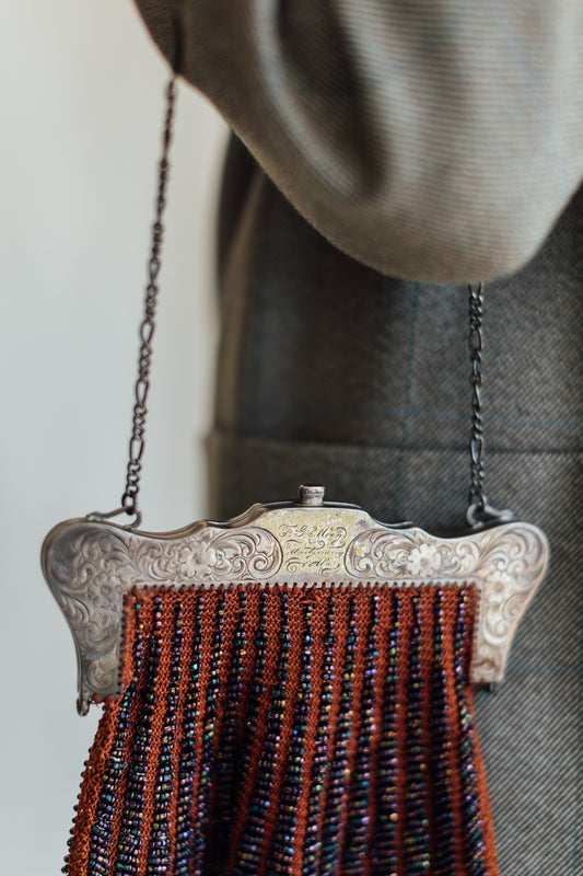 Iridescent Beaded Orange Purse with Sterling Silver Clasp