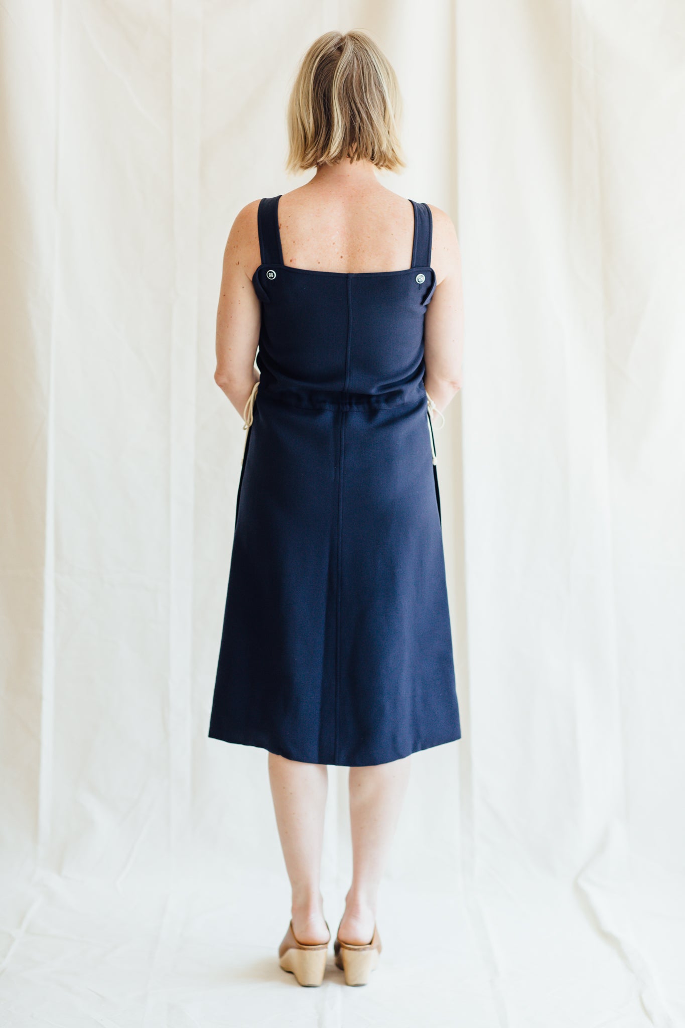 1970s Courrèges Navy Tie Cinch Waist Dress