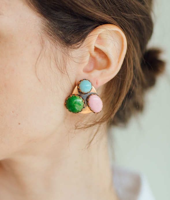 Turquoise, Pink, and Green Stone Clip On Earrings