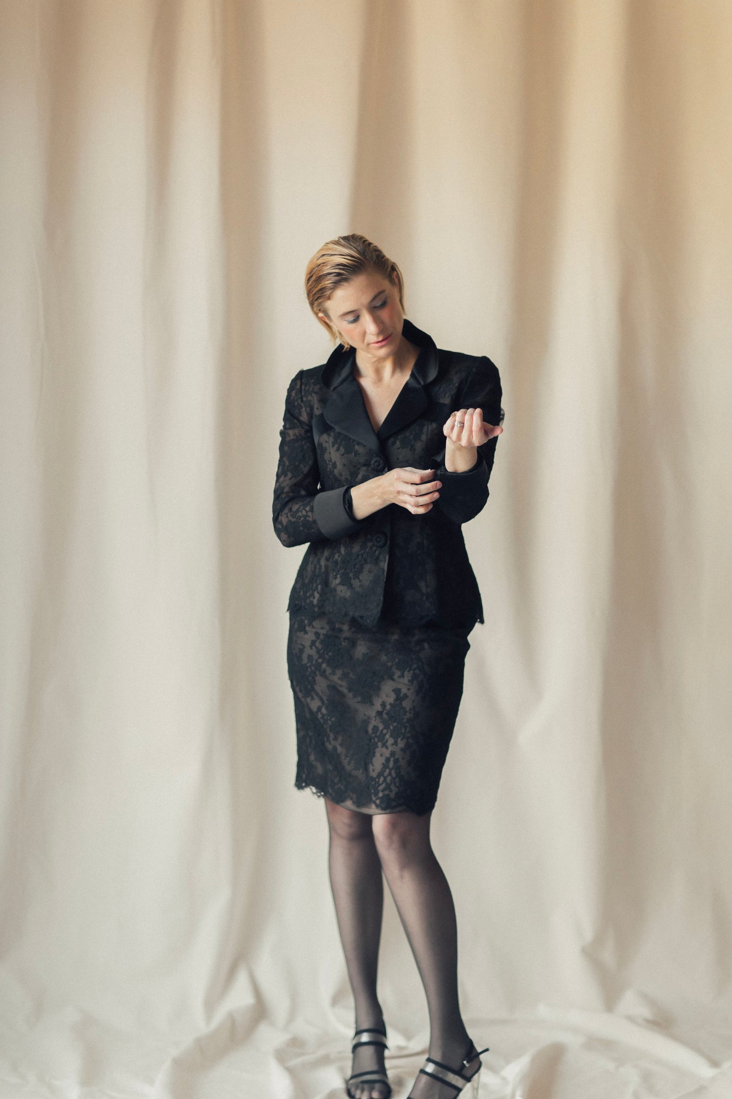 Travilla Black Lace Skirt Suit