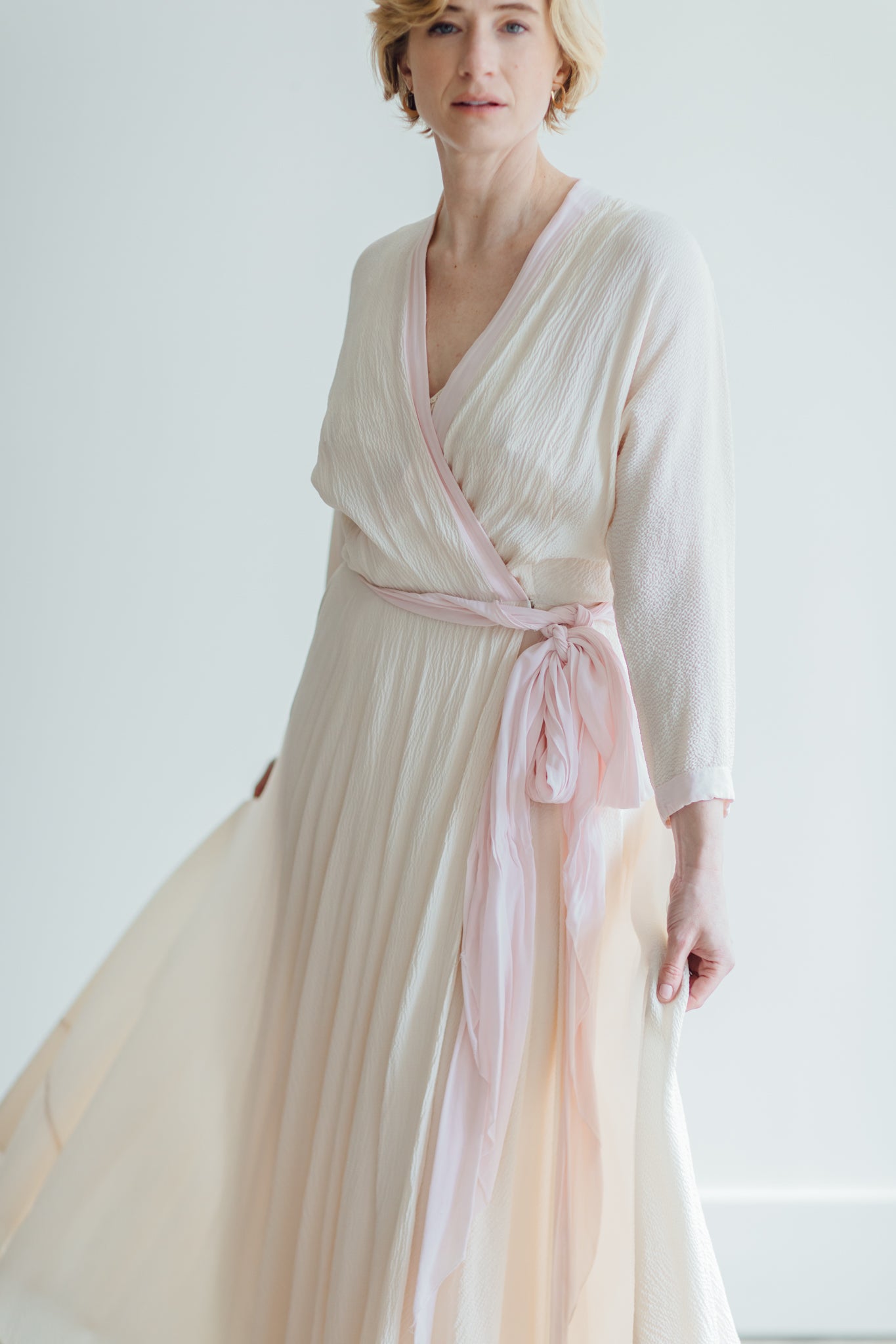 Antique Ivory and Pink Silk Crepe Robe
