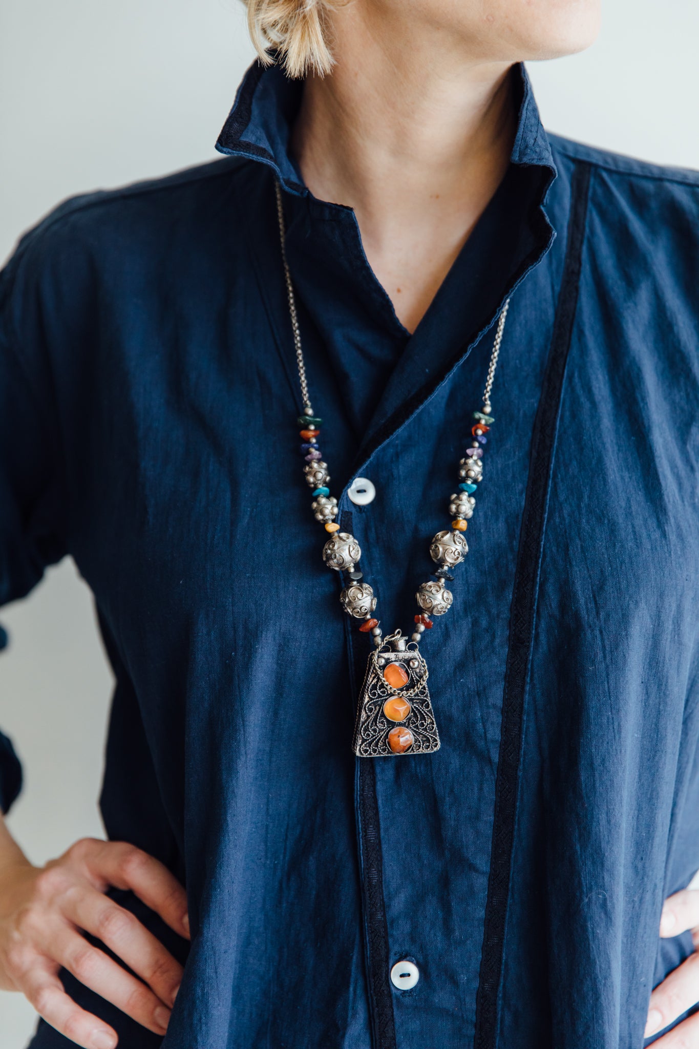 Silver and Gemstone Pendant Flask Necklace