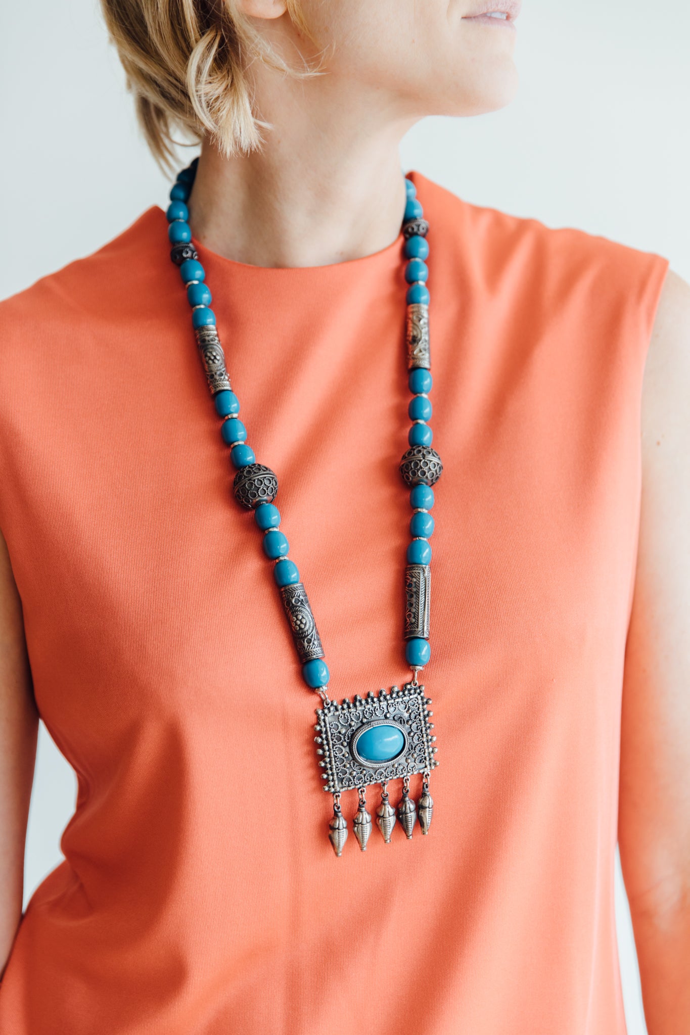 Silver and Teal Beaded Pendant Necklace