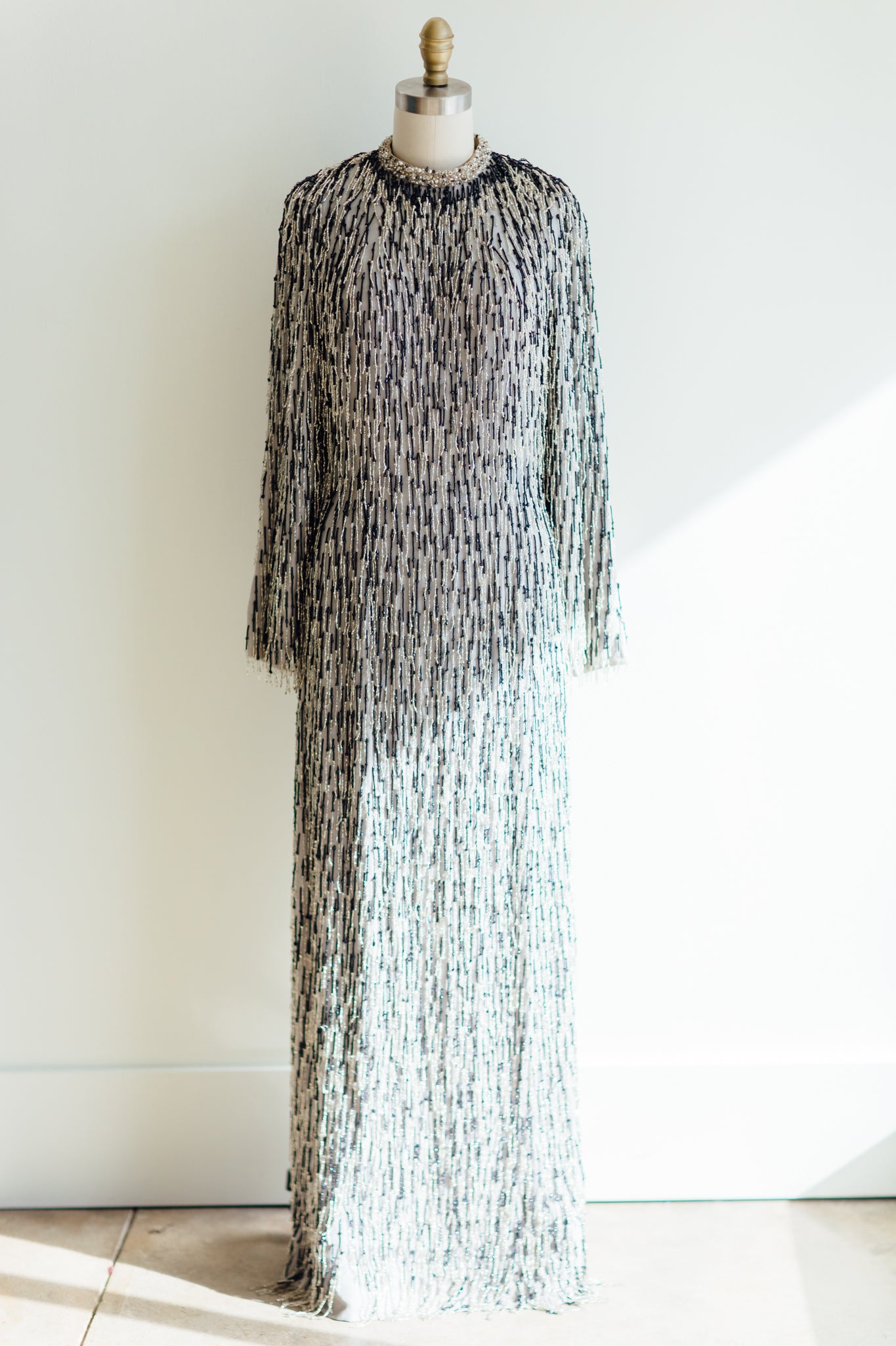 Silver Shag Beaded Fringe Gown