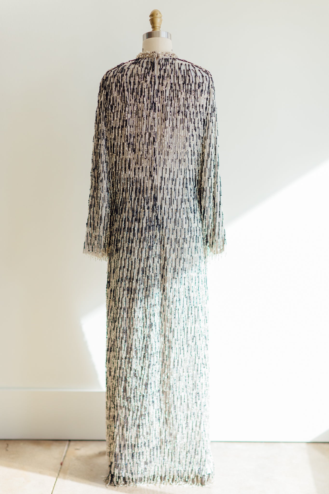 Silver Shag Beaded Fringe Gown