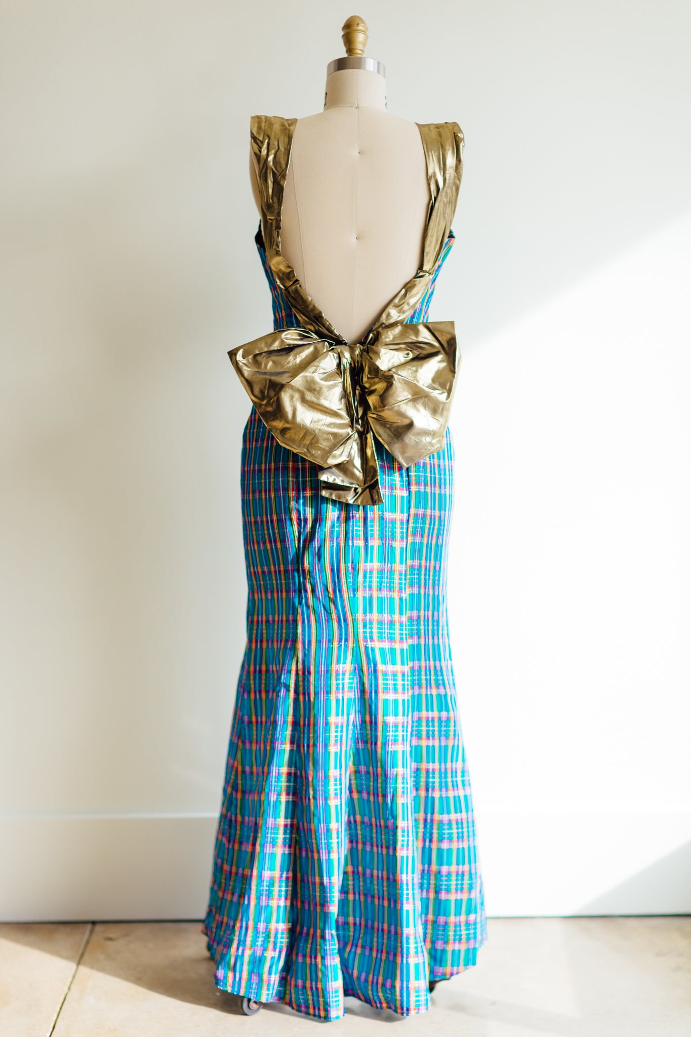 Taffeta Tartan Gown with Gold Bow